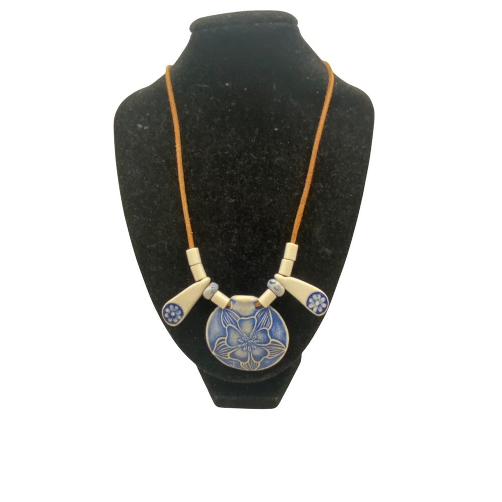 Blue White Ceramic Floral Pendant Necklace Adj Brown Suede Cord 24" Cottagecore - Picture 1 of 6